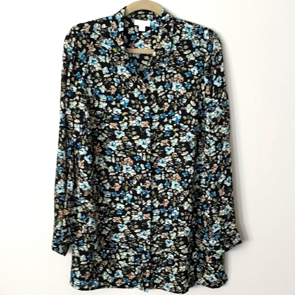 J. Jill Long Sleeve Longlined Floral Button Down Tiered Layed Hem Top, Size M